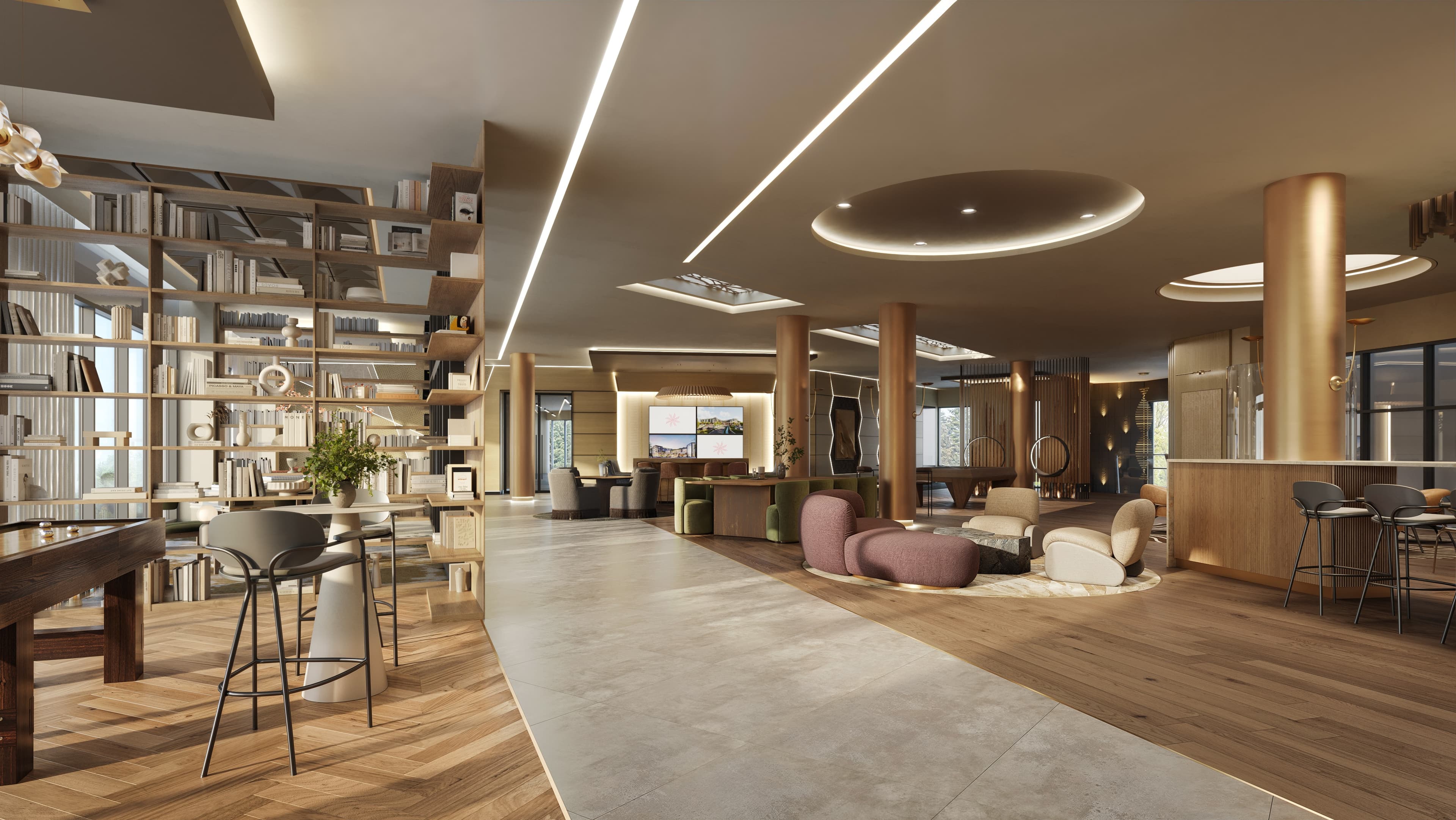 private resident clubroom with game area, lounge seating,