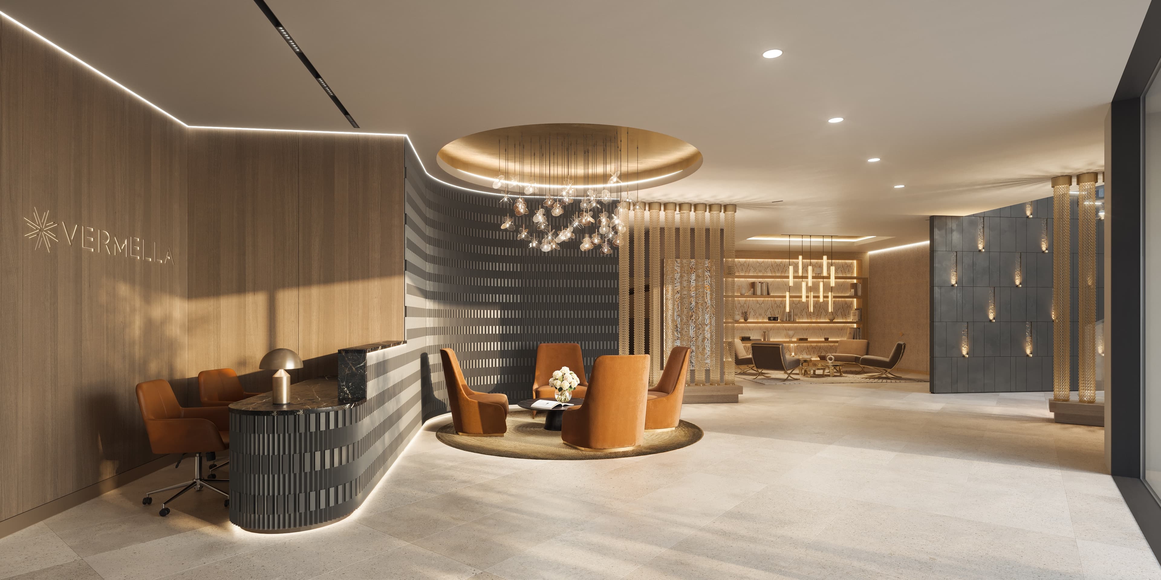 private resident lobby for luxury apartment community with private amenities and resident courtyard