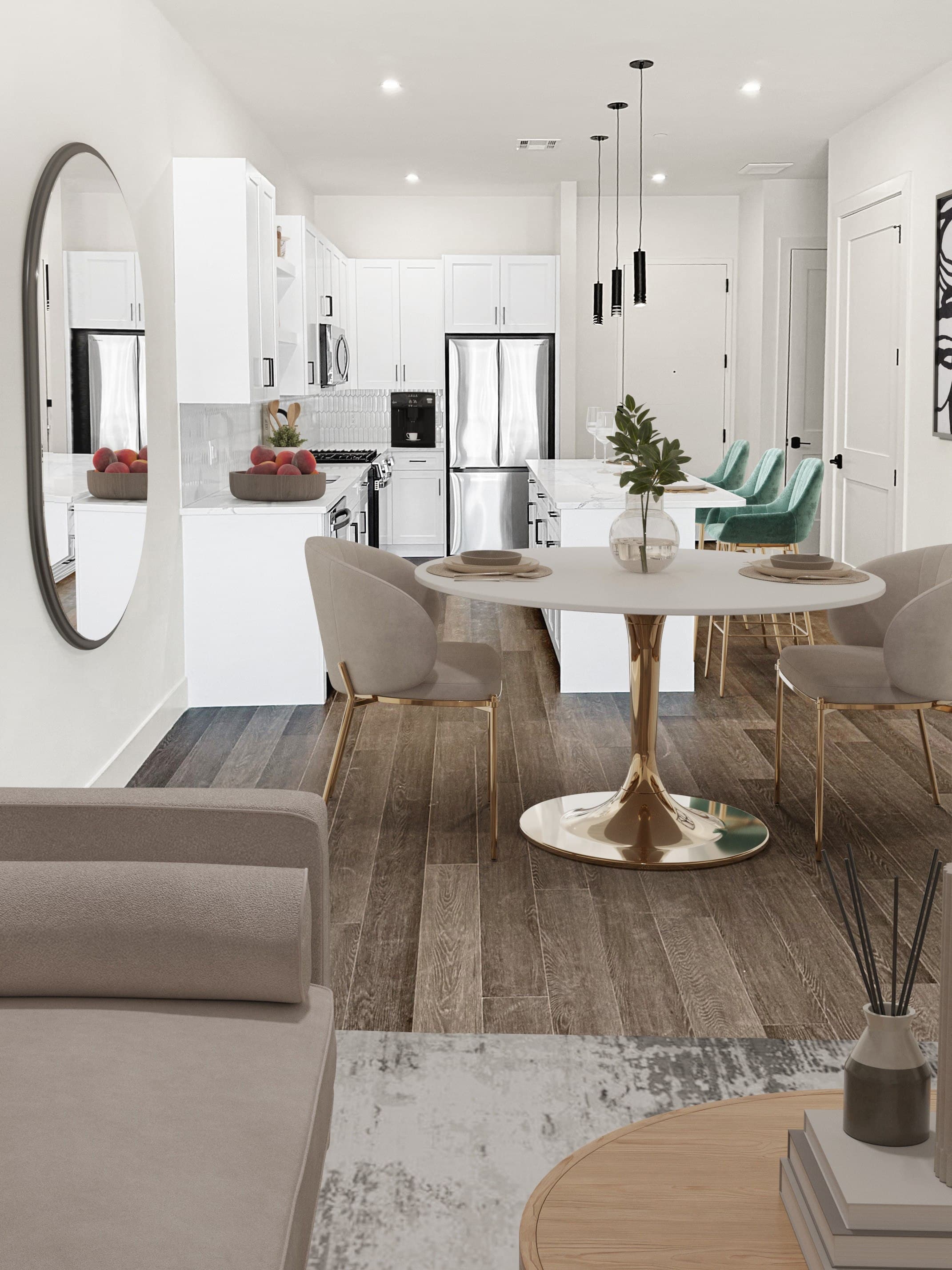 spacious luxury apartments with in home washer dryer, private balcony, stainless steel appliances, hardwood plank flooring, gourmet kitchen with stone countertops, tiled showers and baths