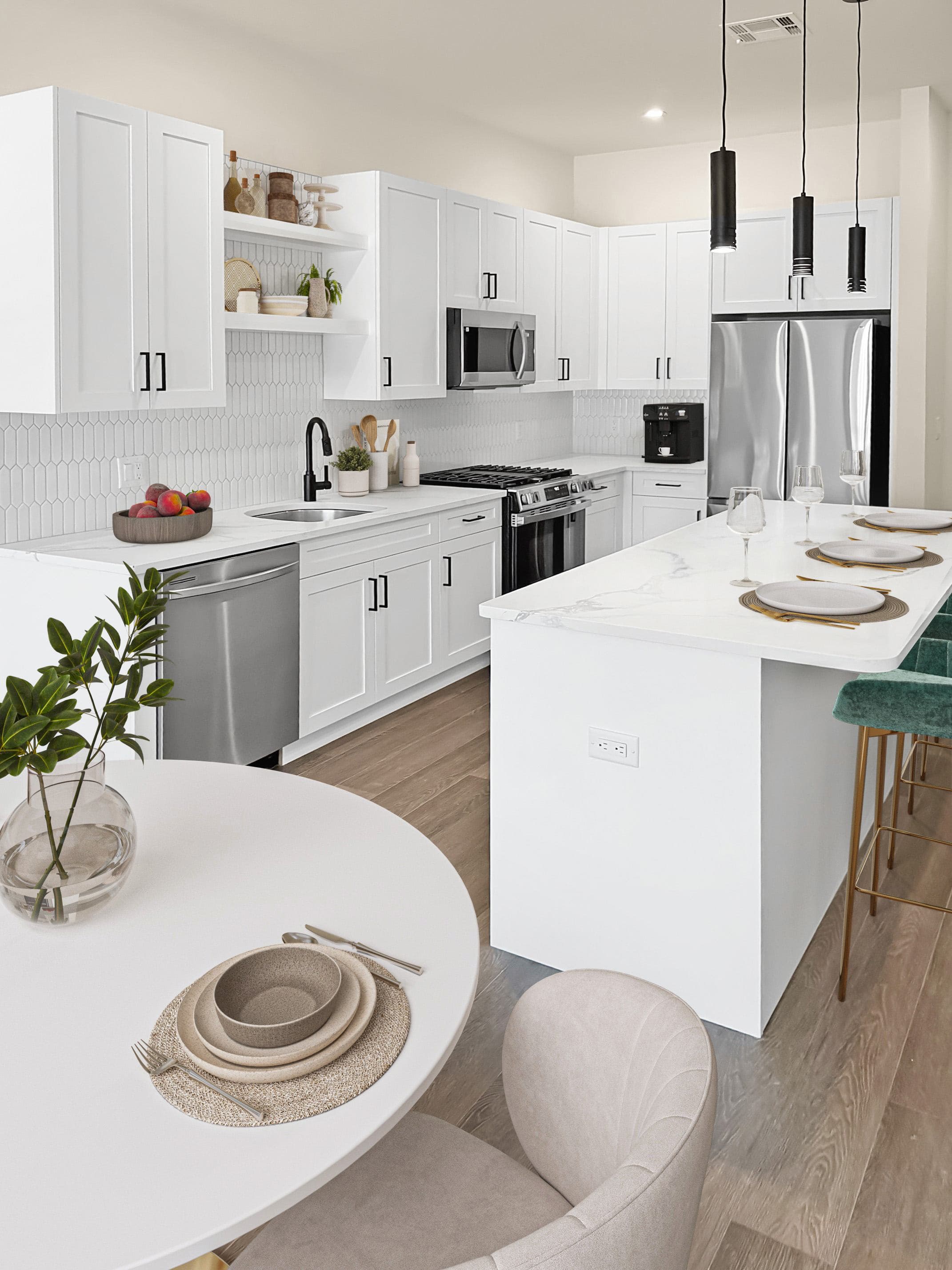 spacious luxury apartments with in home washer dryer, private balcony, stainless steel appliances, hardwood plank flooring, gourmet kitchen with stone countertops, tiled showers and baths