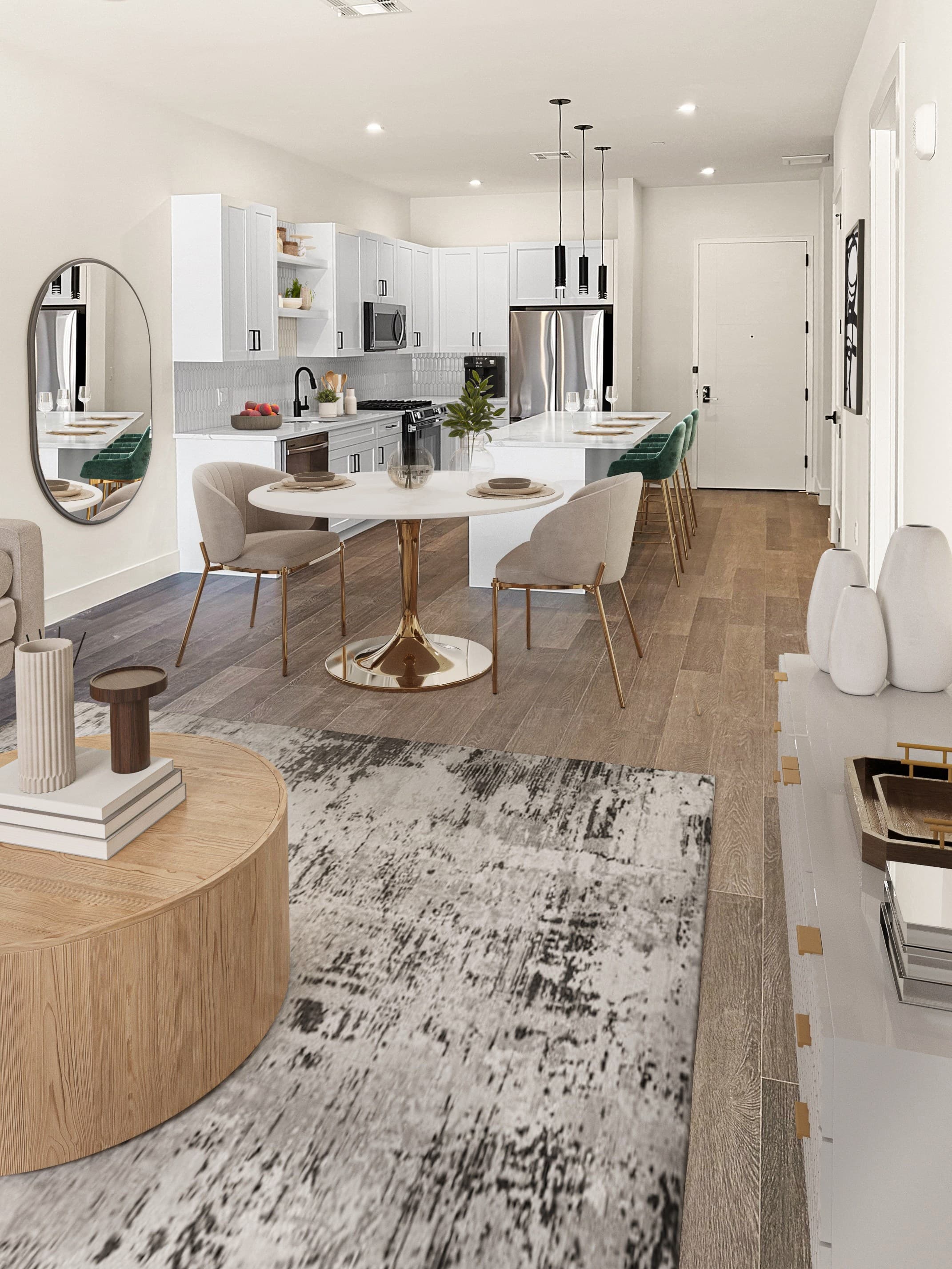 spacious luxury apartment home with full size appliances, stainless steel appliances, balcony, private terrace, gourmet kitchen