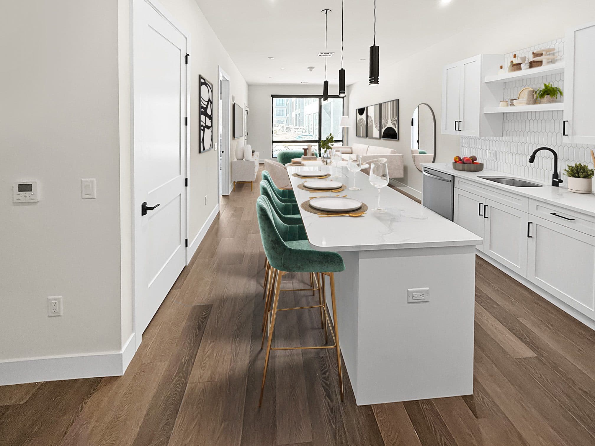 spacious luxury apartments with in home washer dryer, private balcony, stainless steel appliances, hardwood plank flooring, gourmet kitchen with stone countertops, tiled showers and baths, pendant lighting, large kitchen island