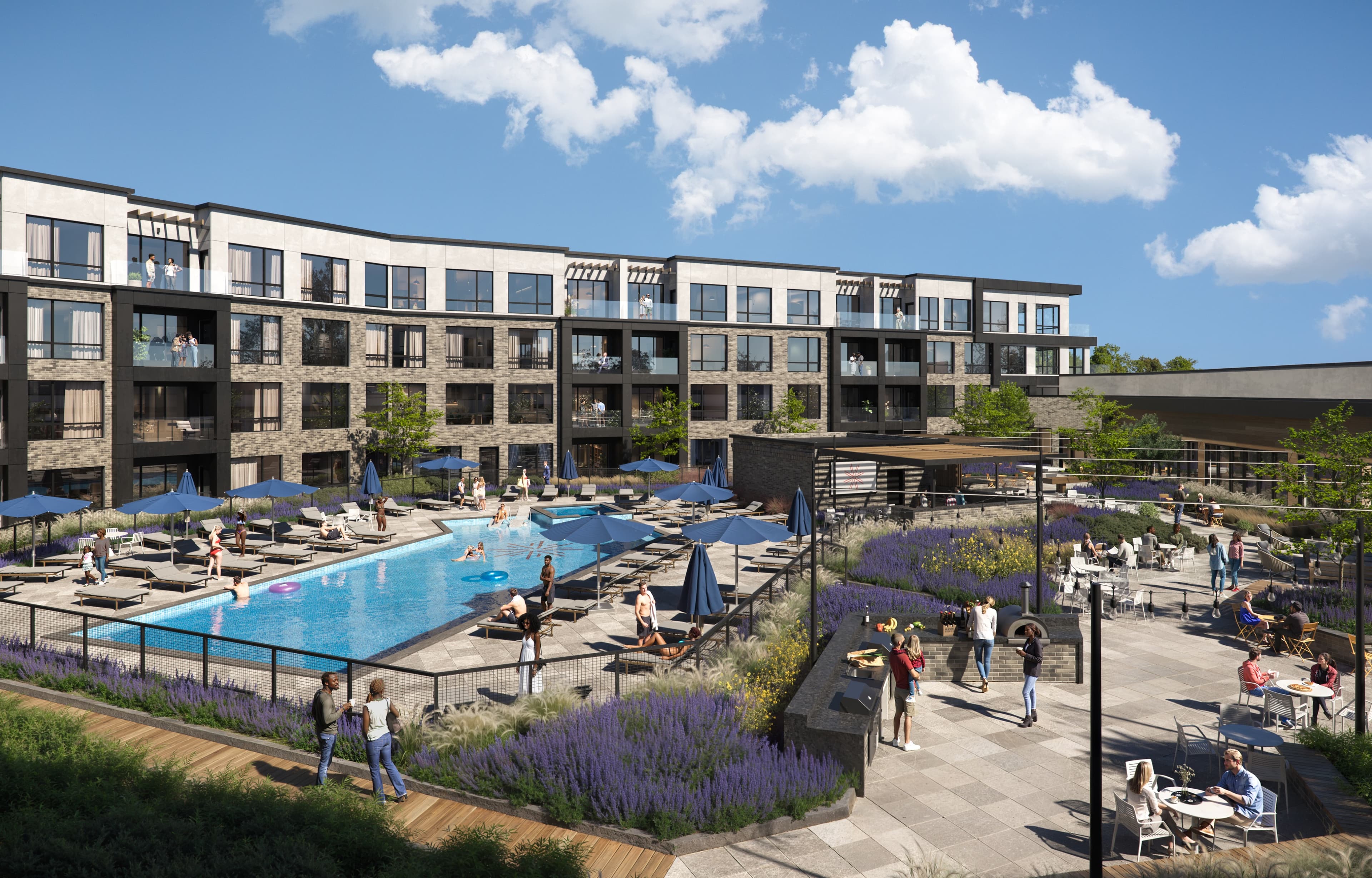 private resident courtyard with pool, bbq grills, active courtyard, private dining and lounge